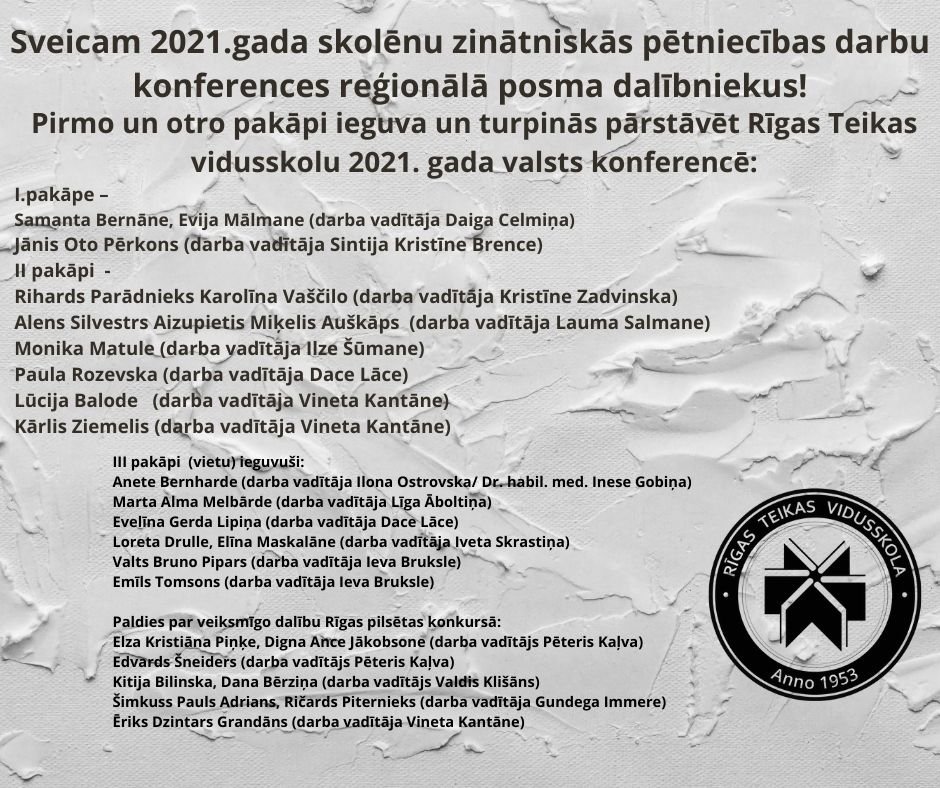 Sveicam 2021.gada skolēnu zinātniskās pētniecības darbu konferences reģionālā posma dalībniekus!