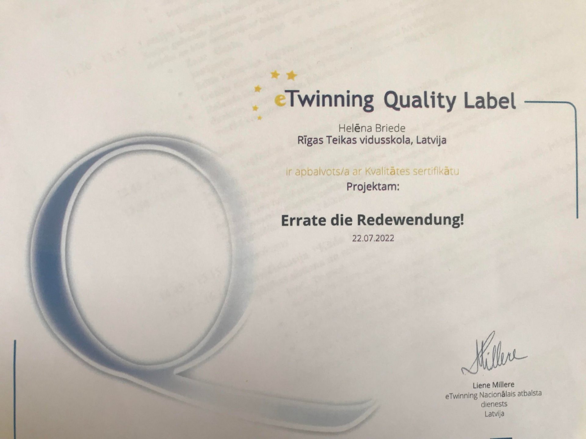 Kvalitātes sertifikāts par projektu "Errate die Redewendung!"